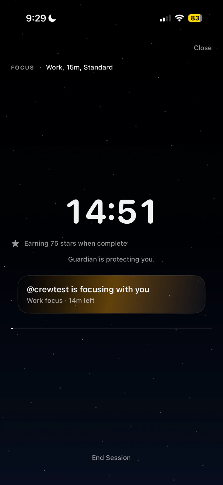 Noctra Crew screen showing friends and shared focus progress