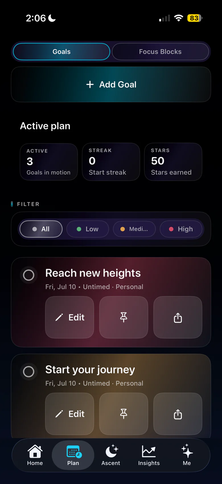 Noctra Plan Goals screen showing current goals and progress