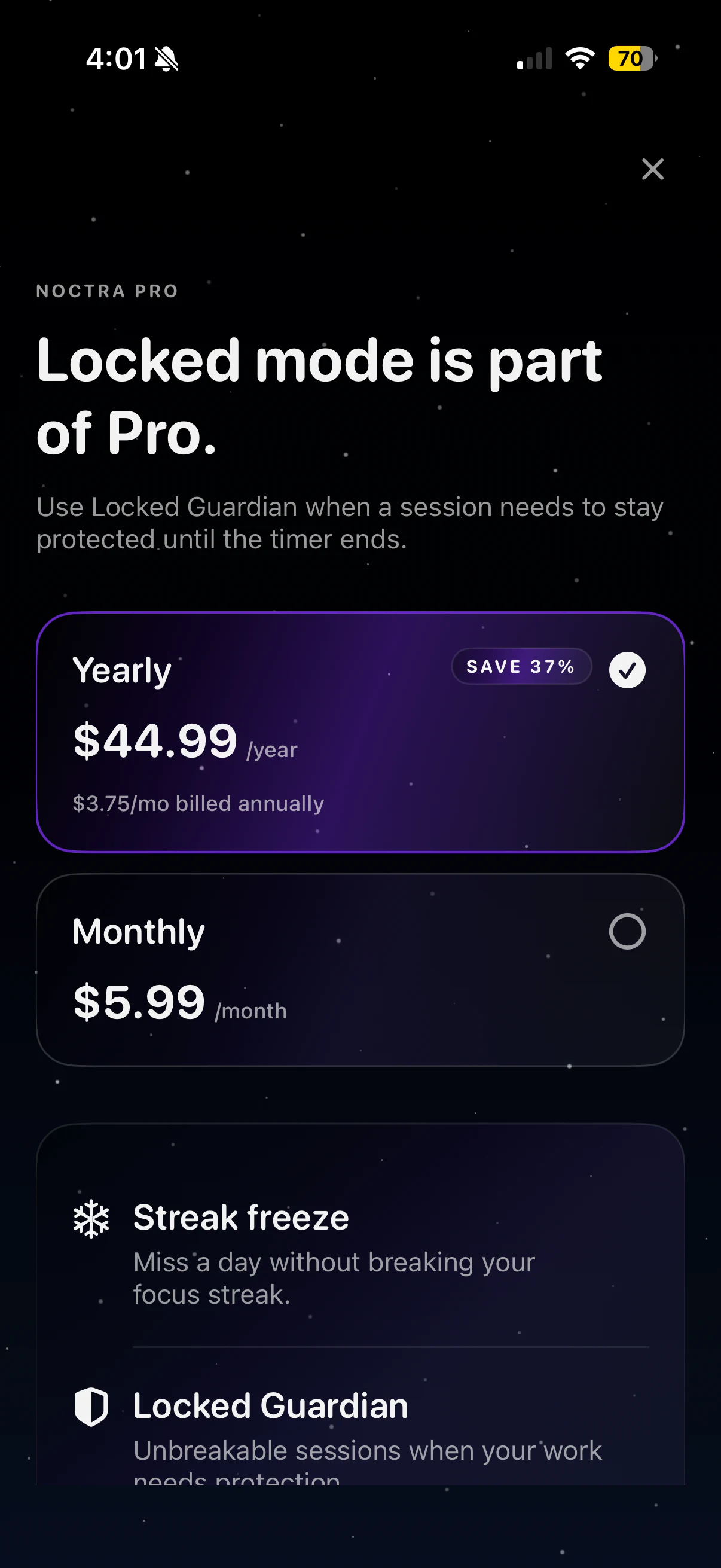 Noctra Pro paywall showing monthly and yearly subscription options