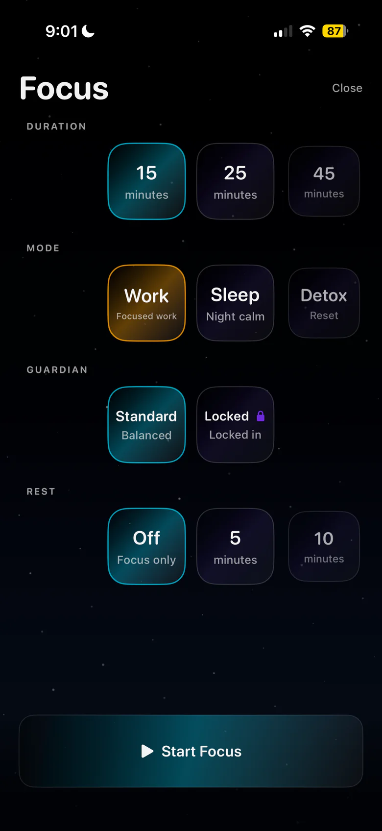 Noctra focus session setup screen with mode and session controls